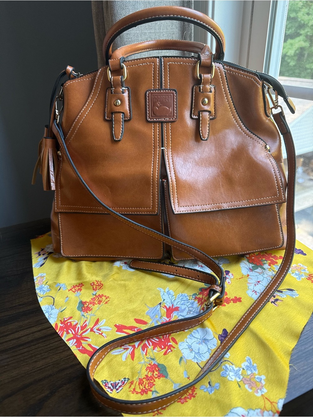 Dooney & Bourke Brown Leather Satchel with Crossbody Strap